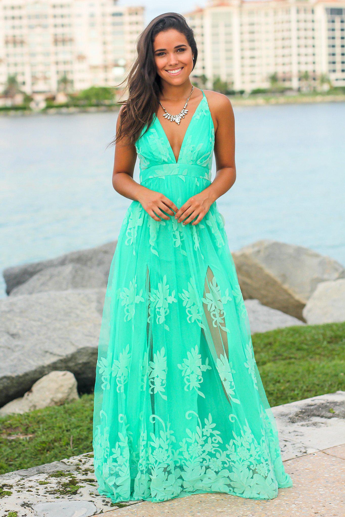 Turquoise Floral Tulle Maxi Dress with 