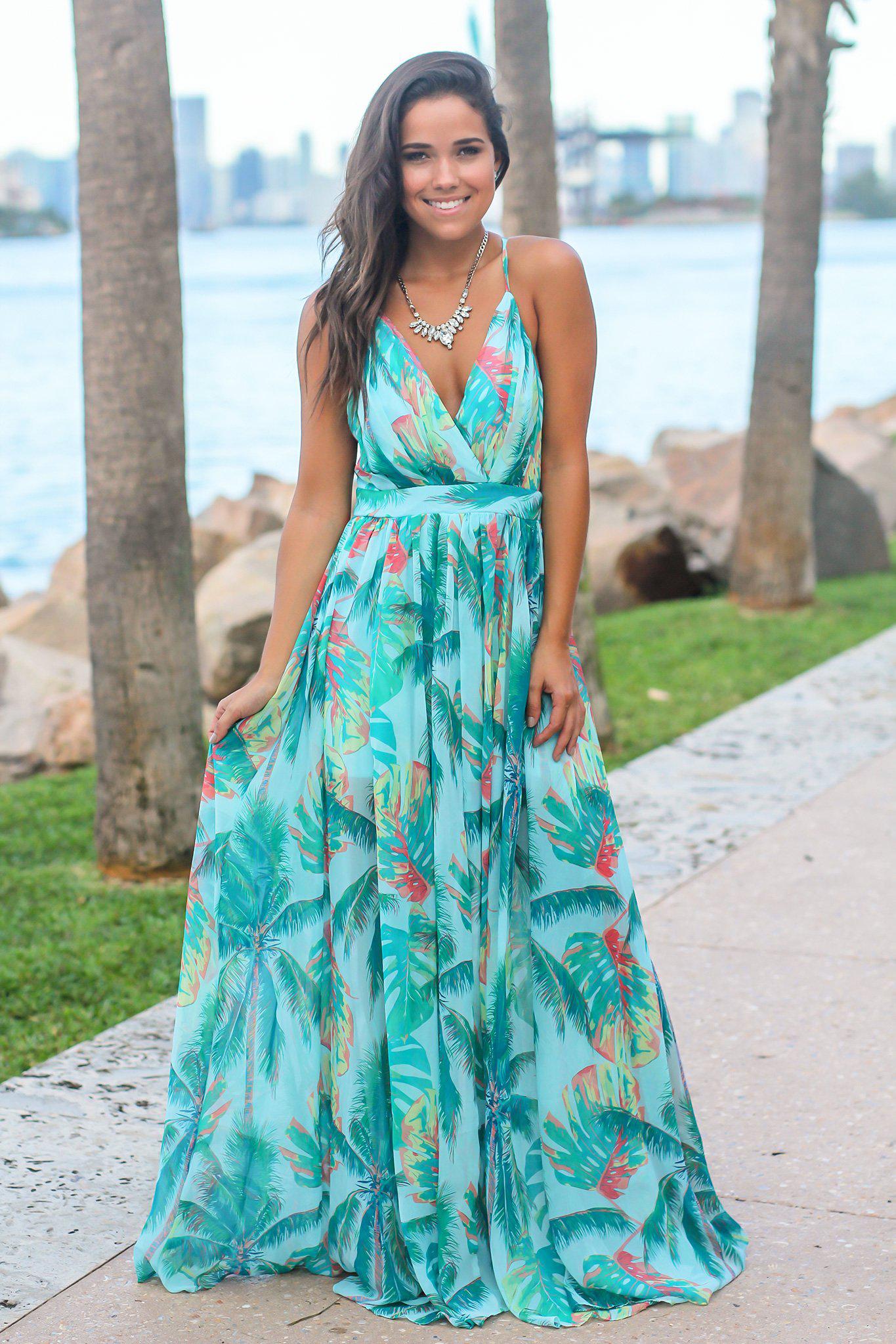 Turquoise Tropical Print Maxi Dress 