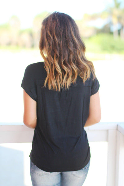 Black V-Neck Top with Rolled Sleeves