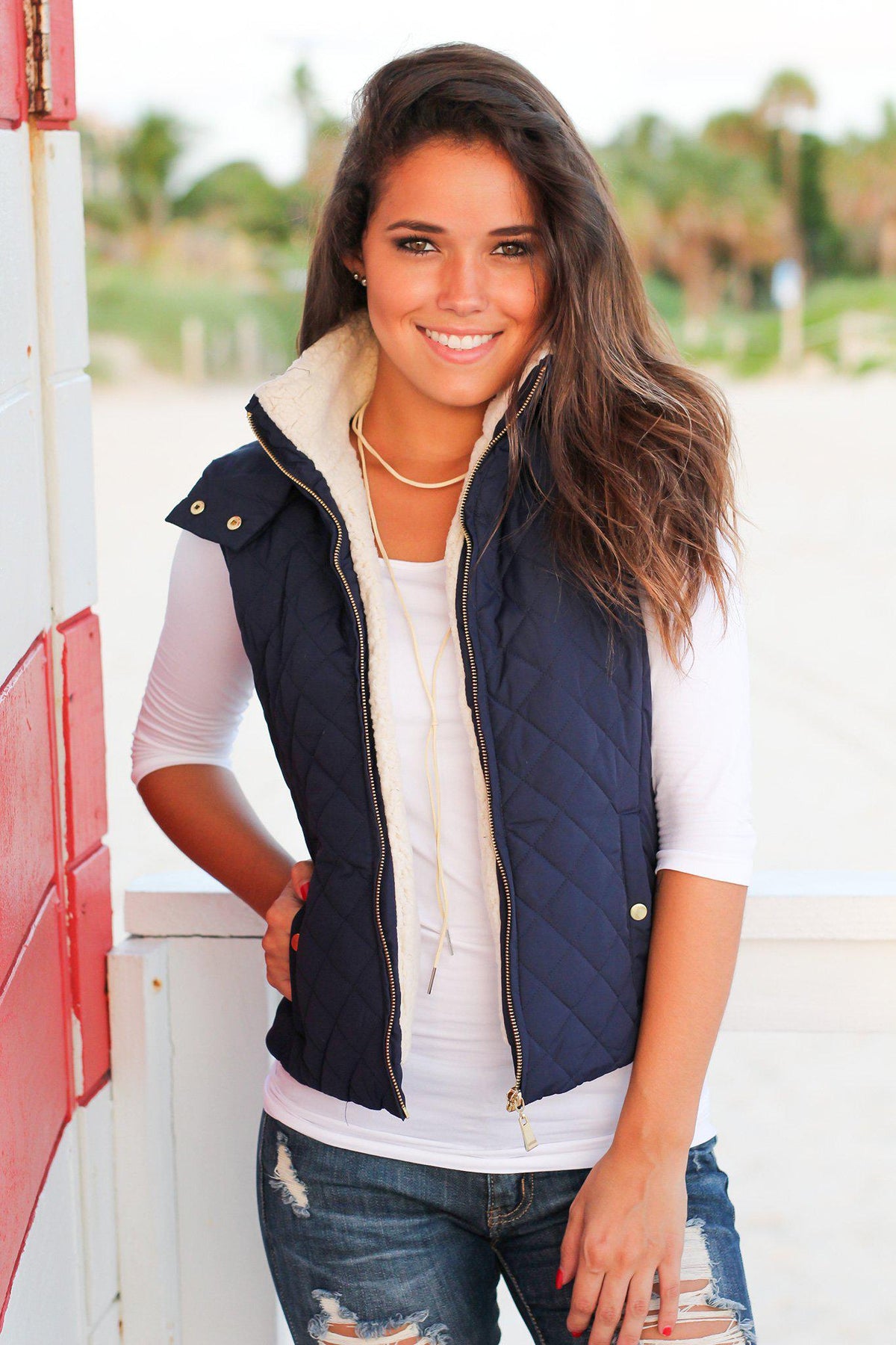 Navy Quilted Vest with Fur Collar | Vests – Saved by the Dress