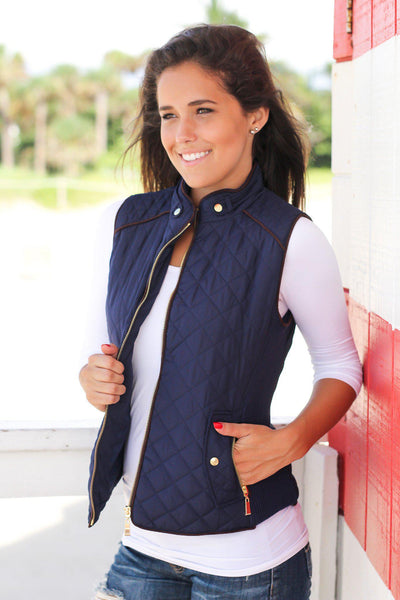 Dark Navy Quilted Vest With Pockets | Online Boutiques – Saved by the Dress
