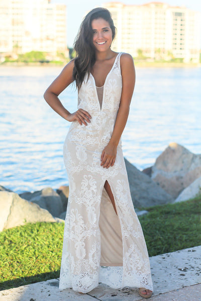 White Embroidered Maxi Dress with Mesh Detail