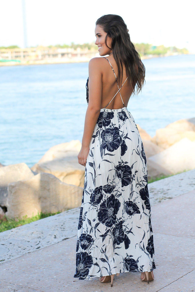 White and Navy Floral Maxi Dress with Criss Cross Back | Maxi Dresses ...