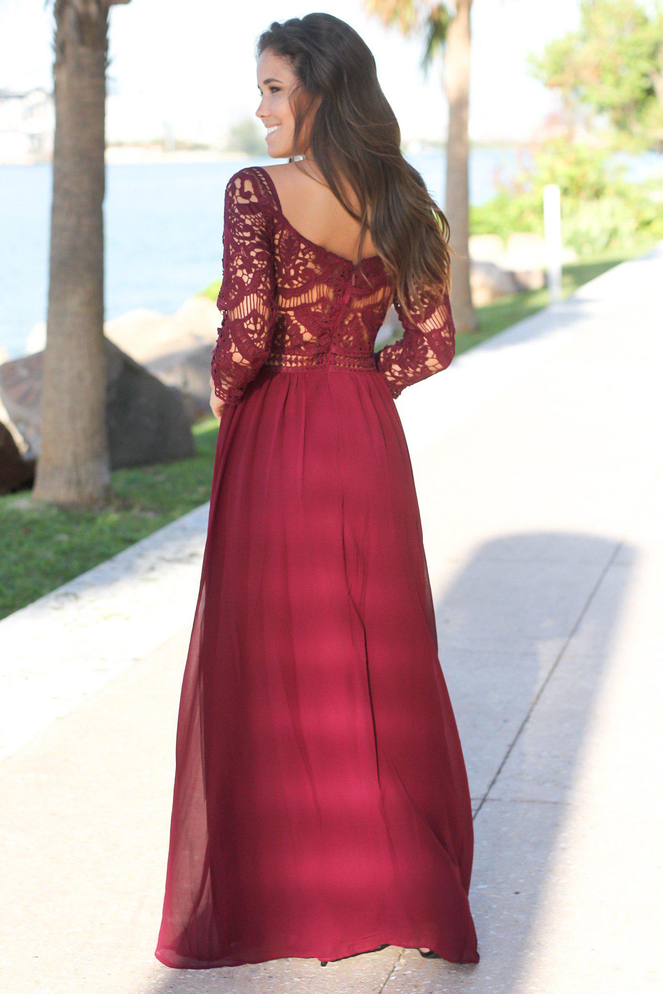 Wine Crochet Maxi Dress with 3/4 Sleeves | Maxi Dresses ...