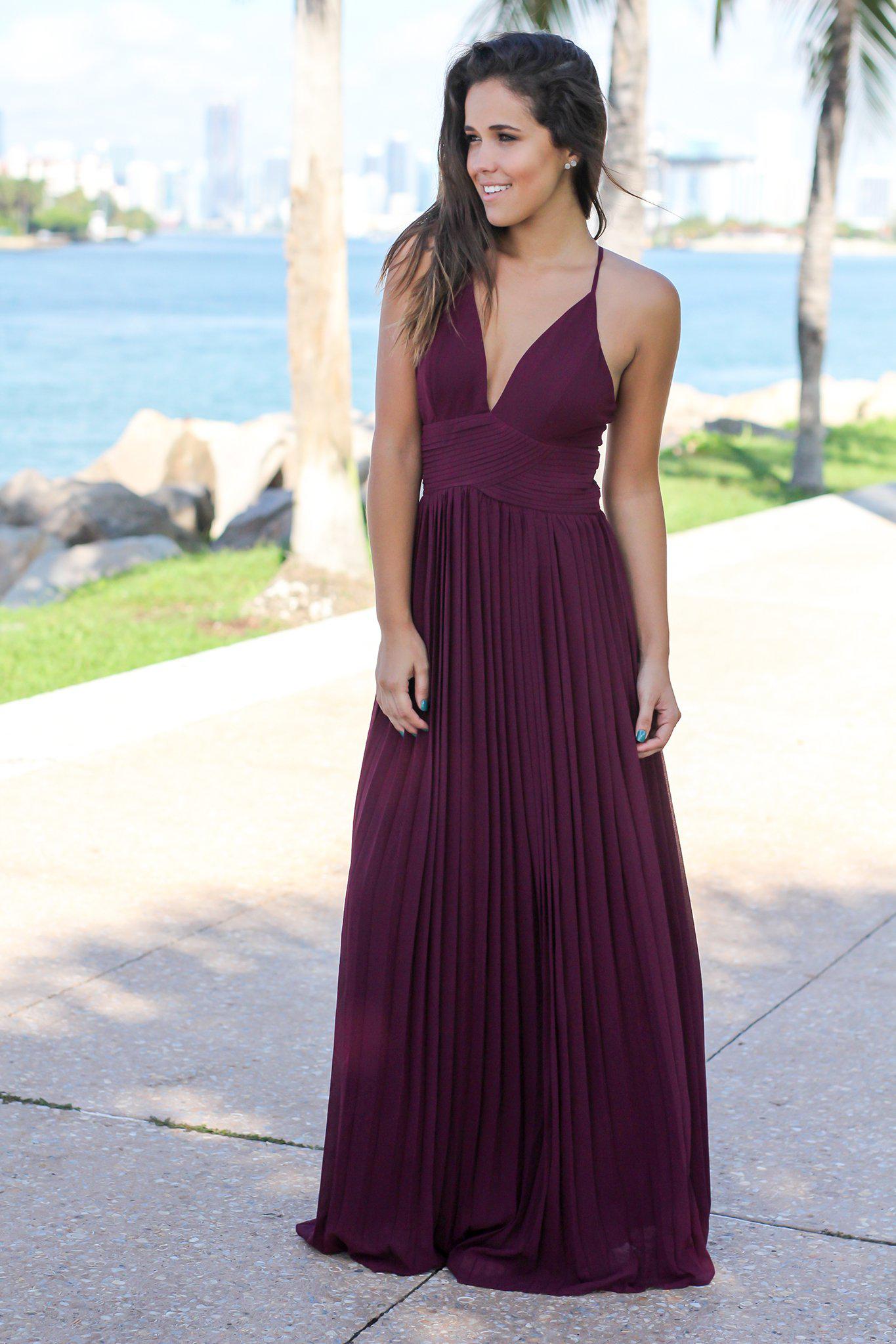 Wine Pleated Maxi Dress with Criss Cross Back | Maxi Dresses – Saved by ...