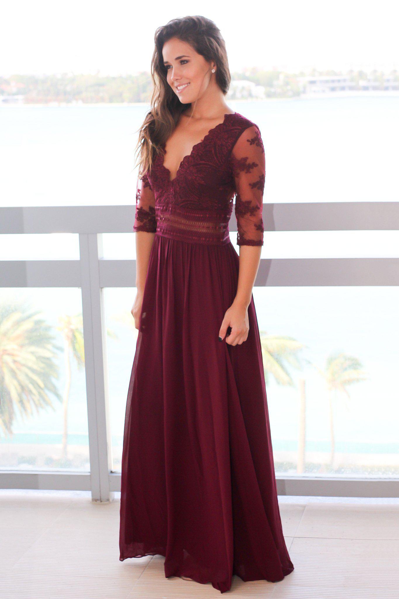 wine maxi dress with sleeves