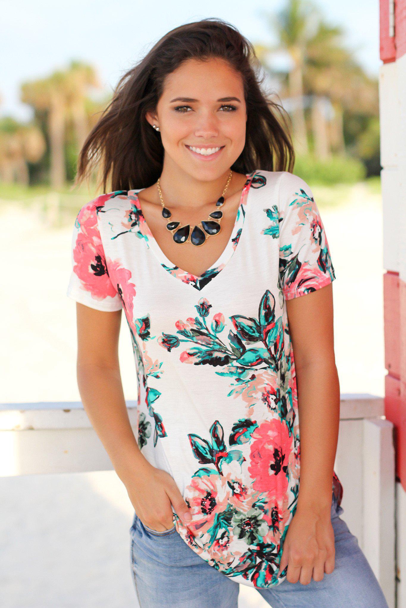 Ivory Floral V-Neck Top | Cute Tops – Saved by the Dress