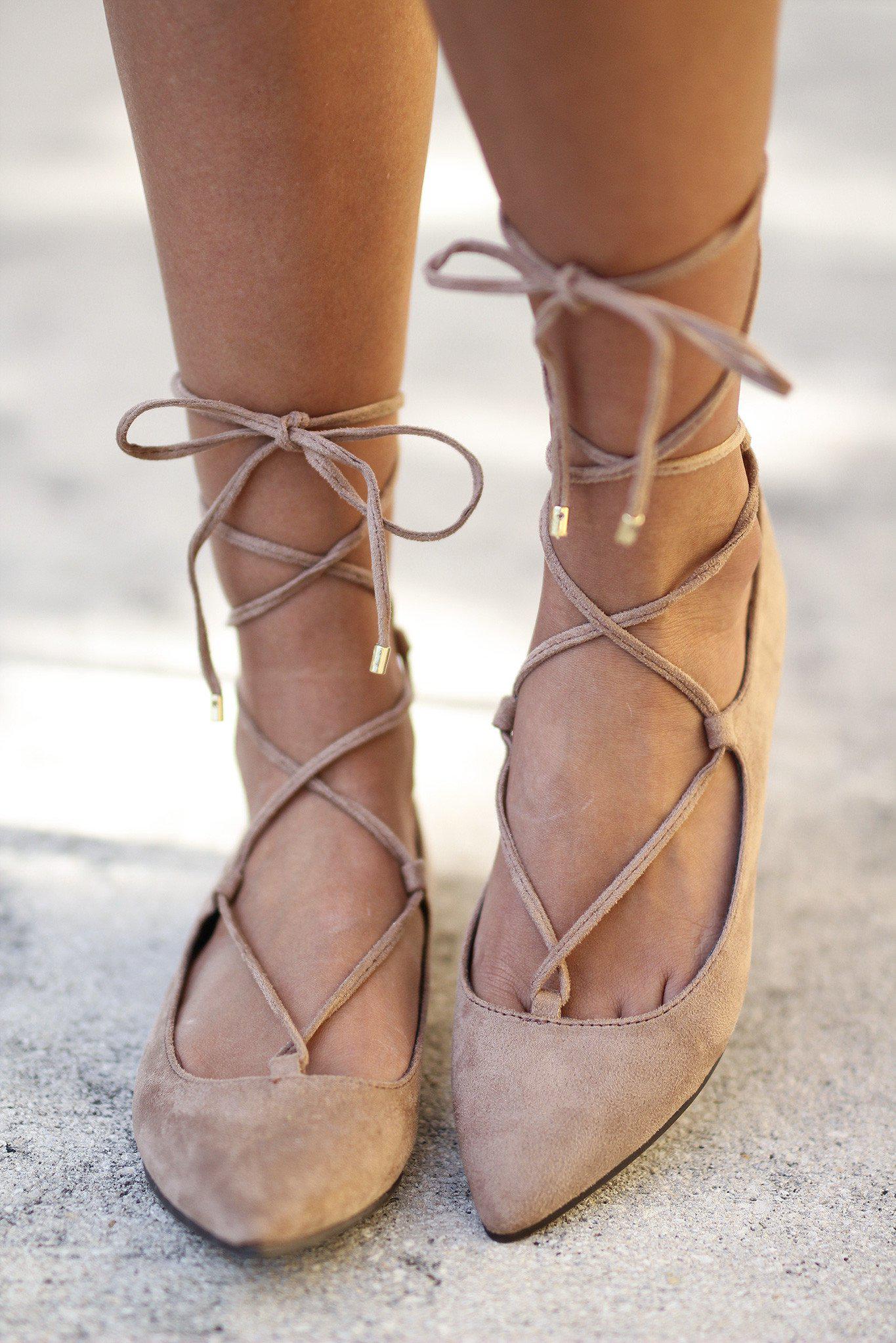 Natural Lace Up Ballet Flats | Online Boutiques – Saved by the Dress