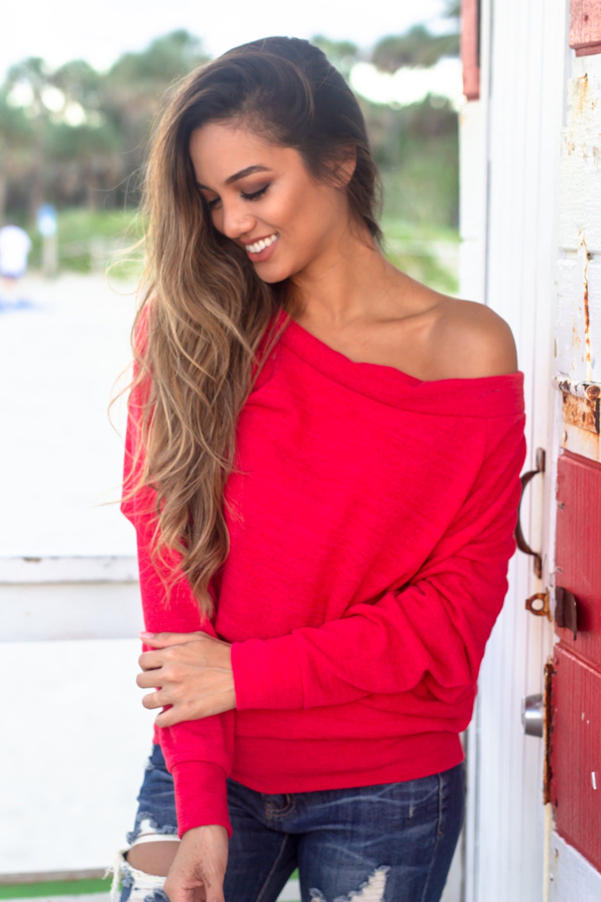 Red Off Shoulder Sweater | Cute Sweaters – Saved by the Dress