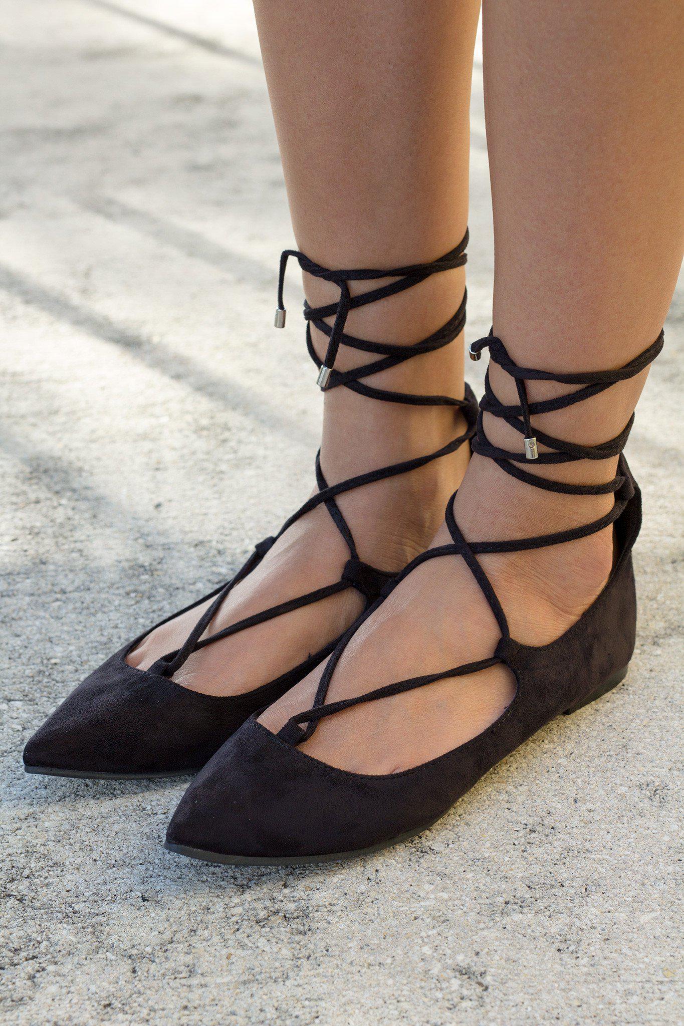 Black Lace Up Ballet Flats | Online Boutiques – Saved by the Dress