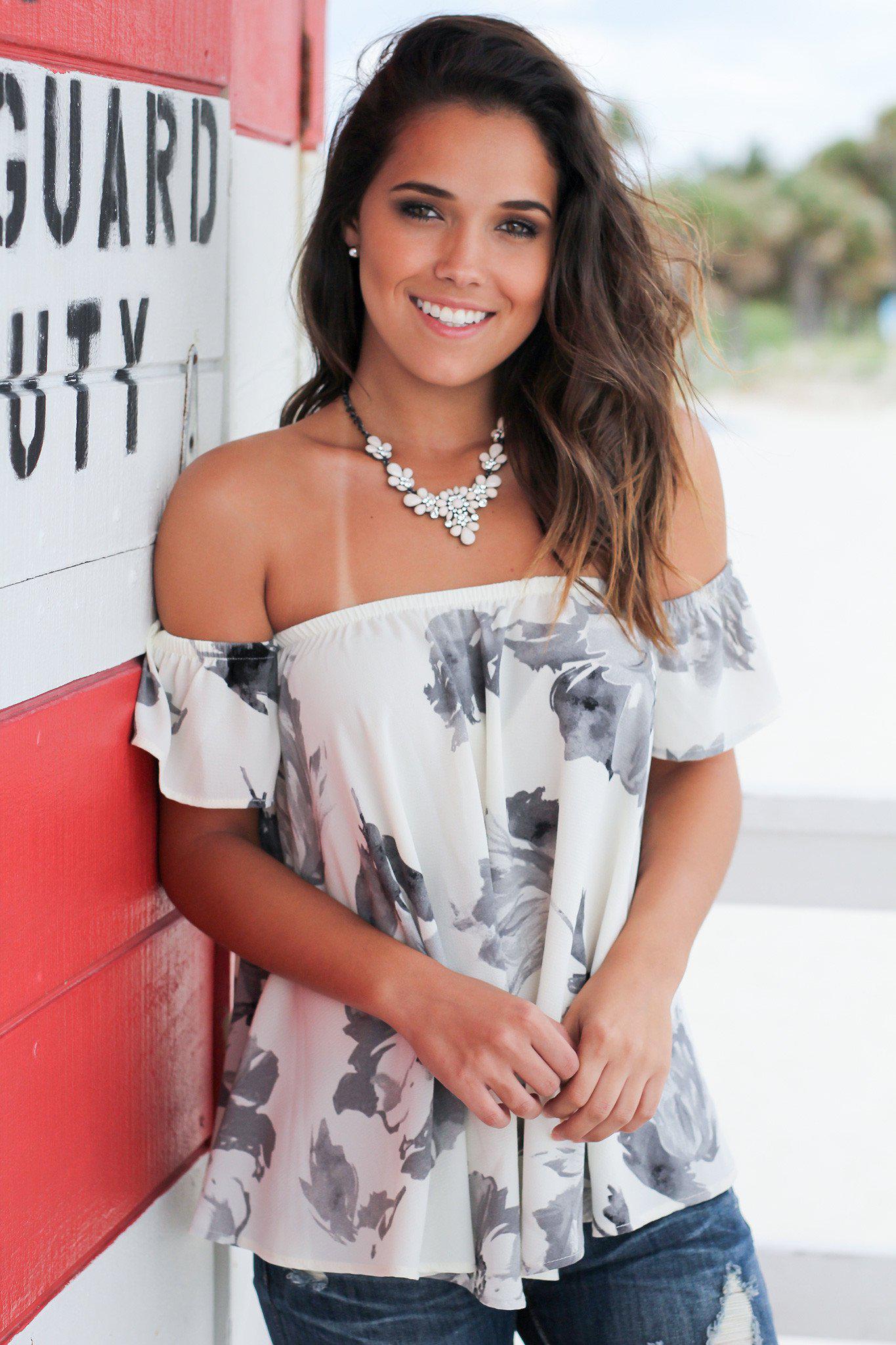 Ivory and Gray Floral Off Shoulder Top | Cute Tops – Saved by the Dress