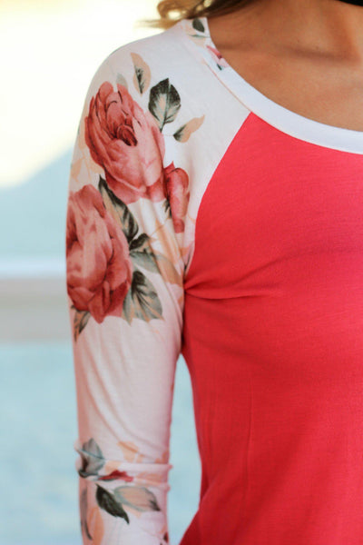 Coral Top with 3/4 Floral Sleeves | Cute Tops – Saved by the Dress