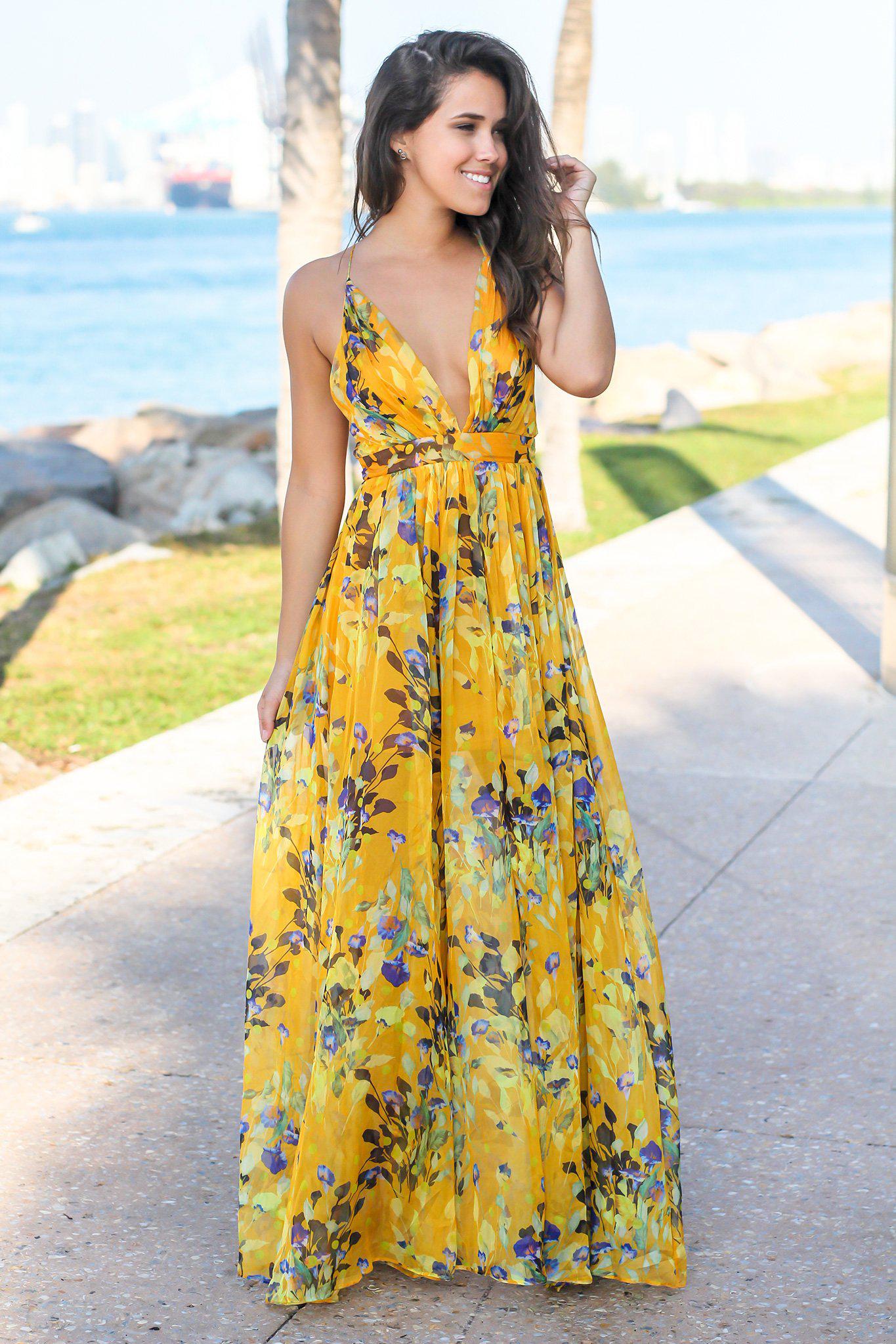 Yellow Floral Maxi Dress with Criss Cross Back Maxi