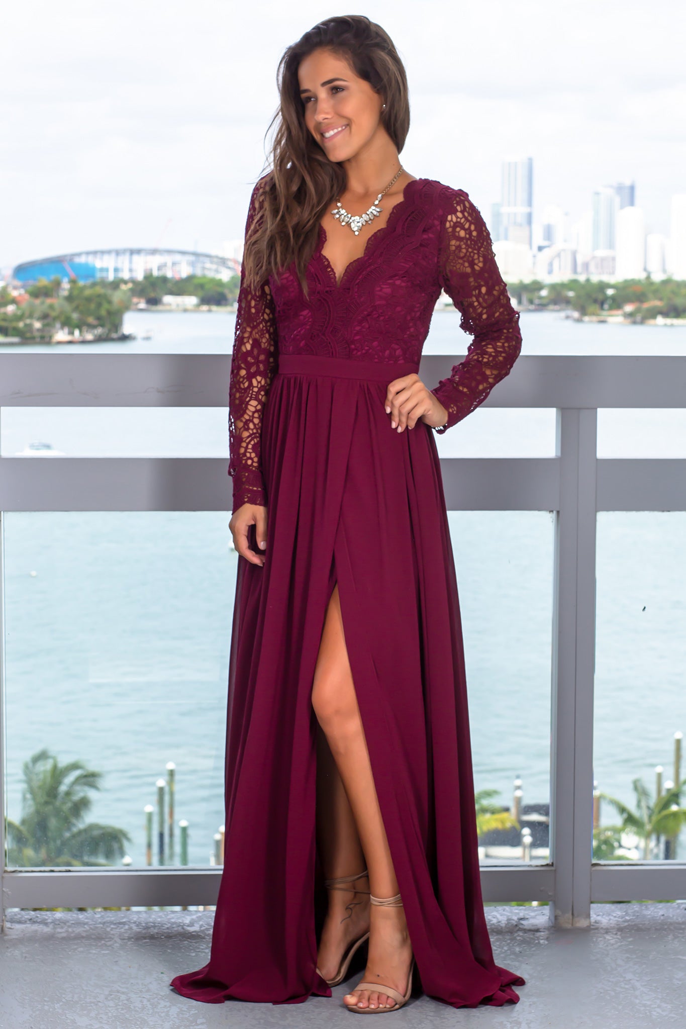 Burgundy Maxi Dress with Long Sleeves 