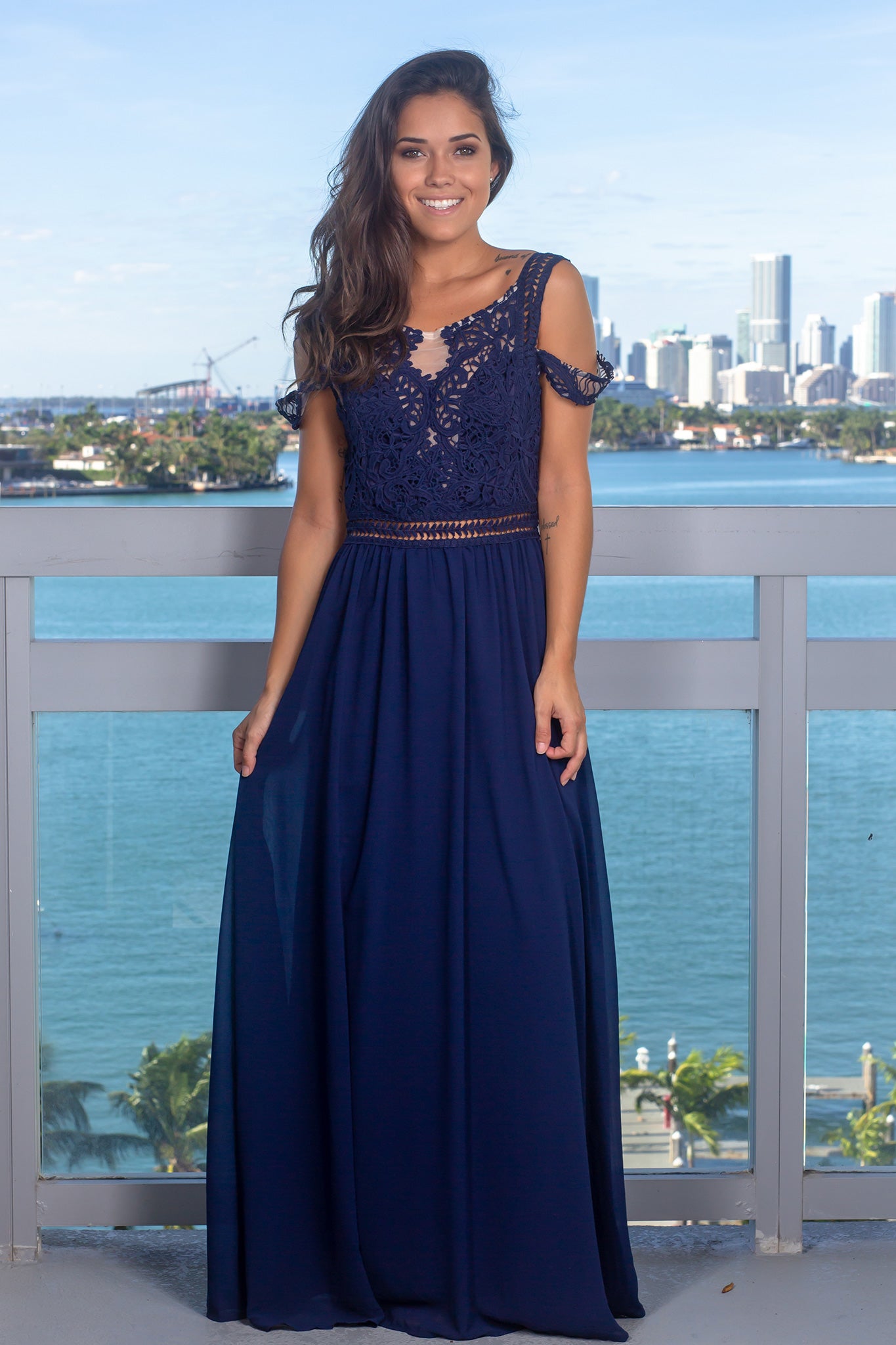 navy cold shoulder maxi dress