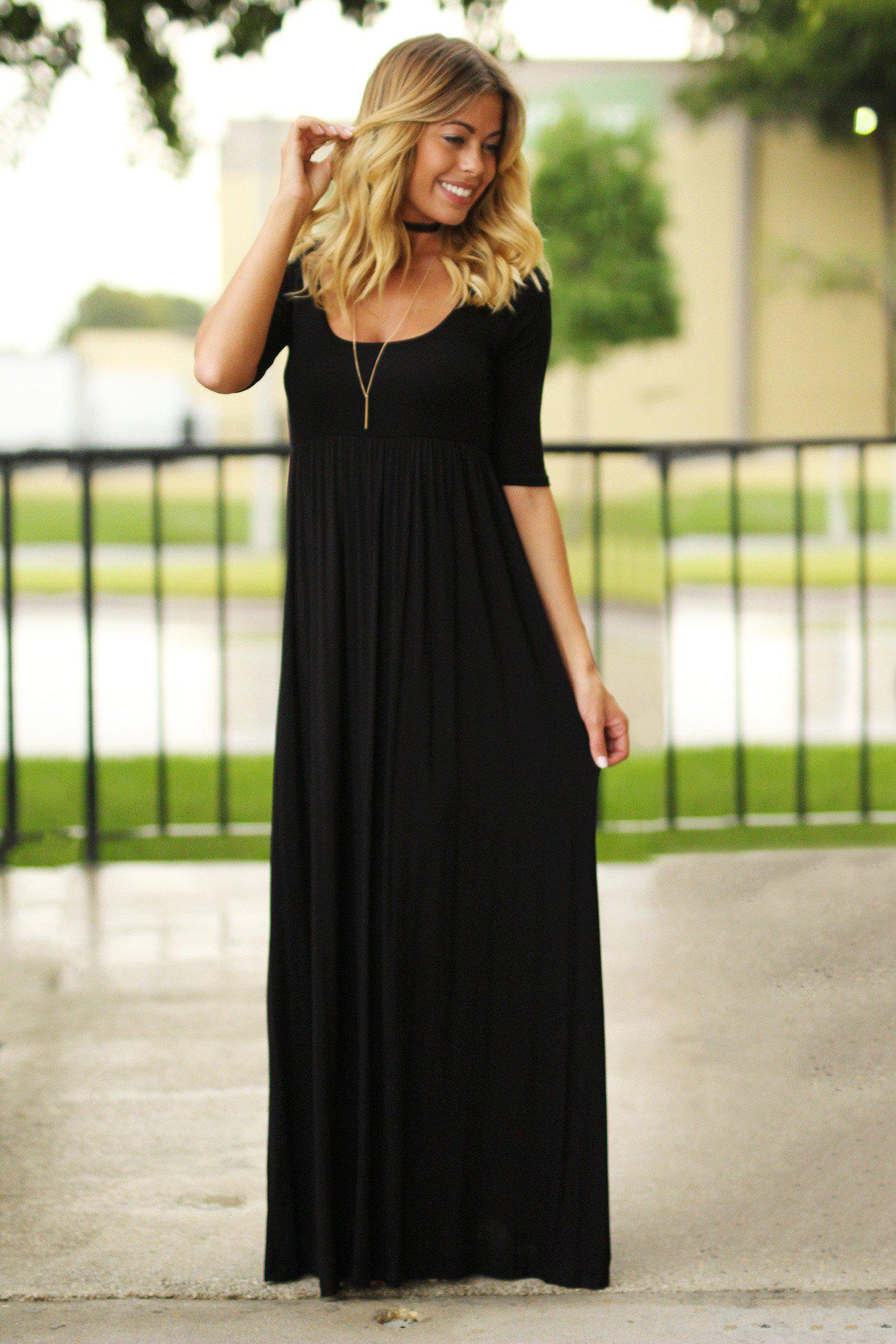 Black Maxi Dress with 3/4 Sleeves | Black Long Dress | Casual Maxi ...