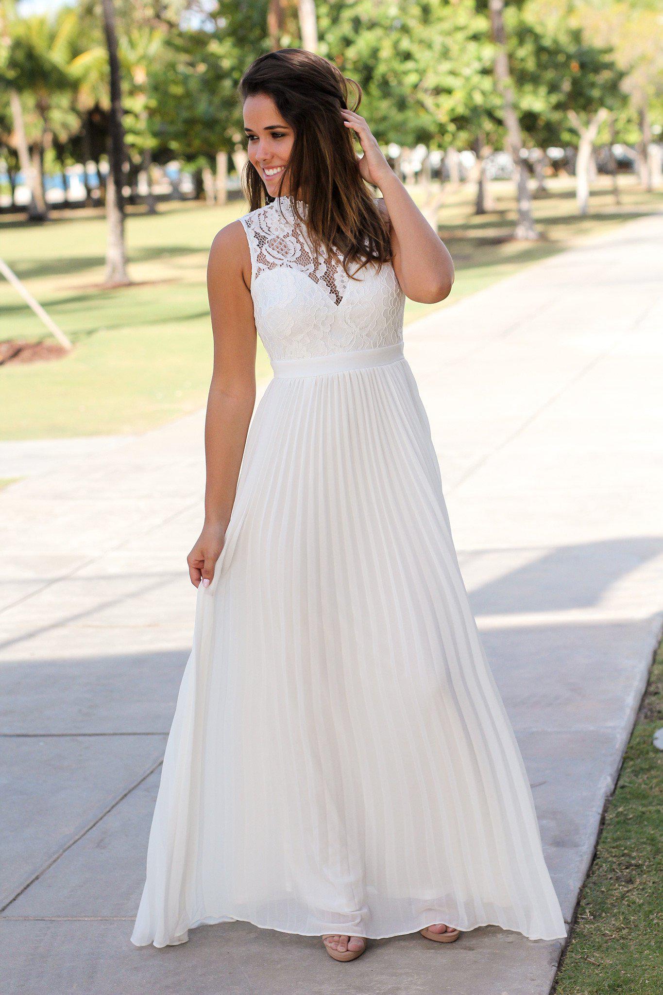 White Lace Maxi Dress with Pleated Bottom Online