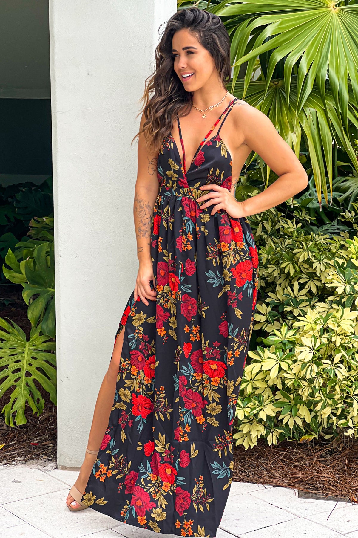 Black Floral Maxi Dress with Criss Cross Back And Slits | Maxi Dresses ...