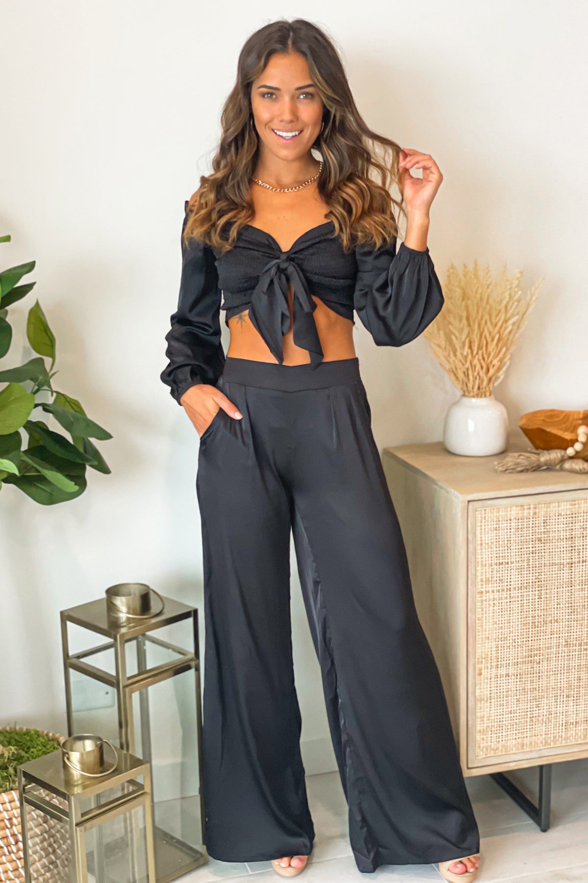 Black Satin Smocked Top and Pants Set | Online Boutiques – Saved by the ...