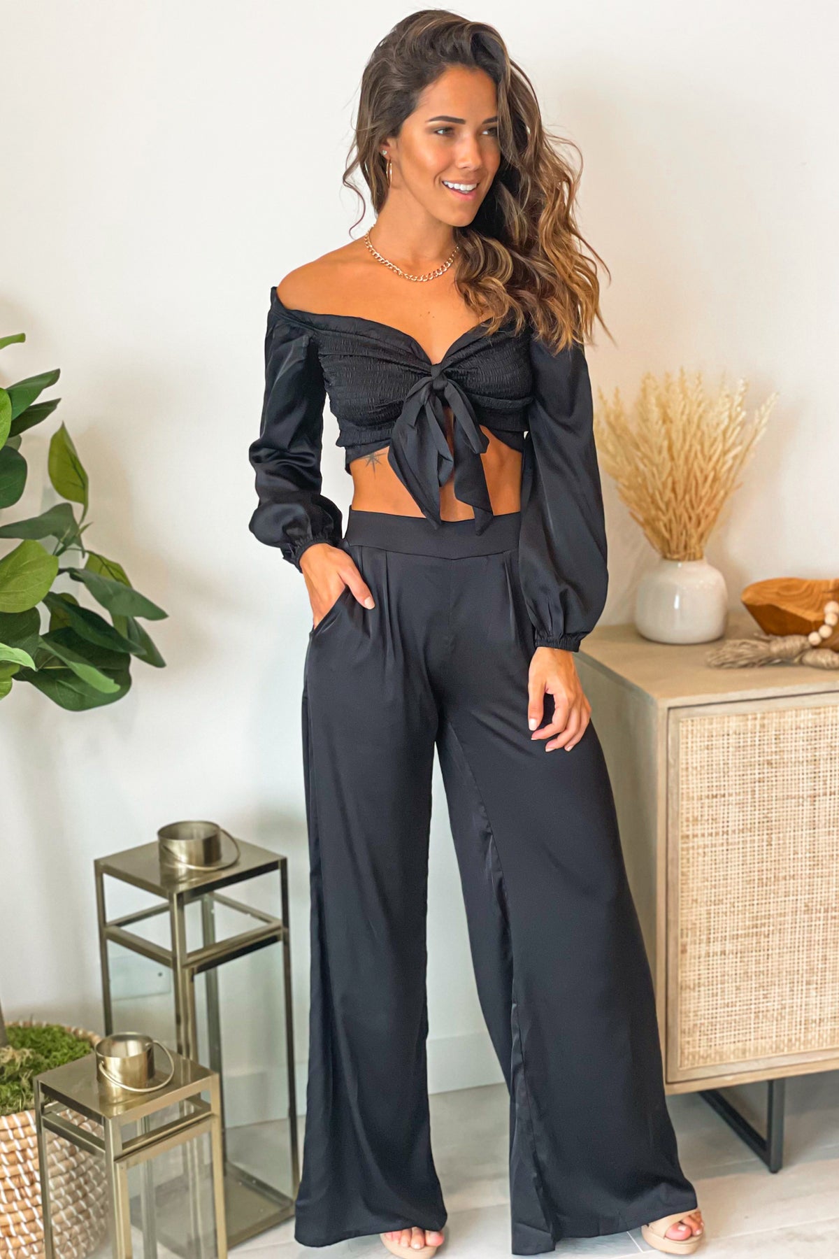 Black Satin Smocked Top and Pants Set | Online Boutiques – Saved by the ...