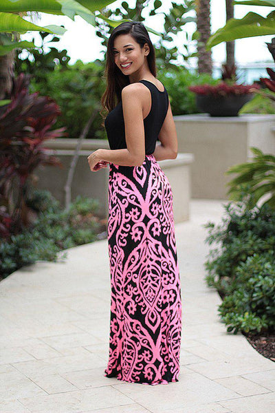 Black And Neon Pink Printed Maxi Dress | Casual dress – Saved by the Dress
