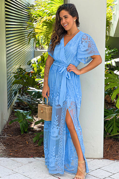 Blue Lace Maxi Dress With Slit And Tie Waist | Maxi Dresses – Saved by ...