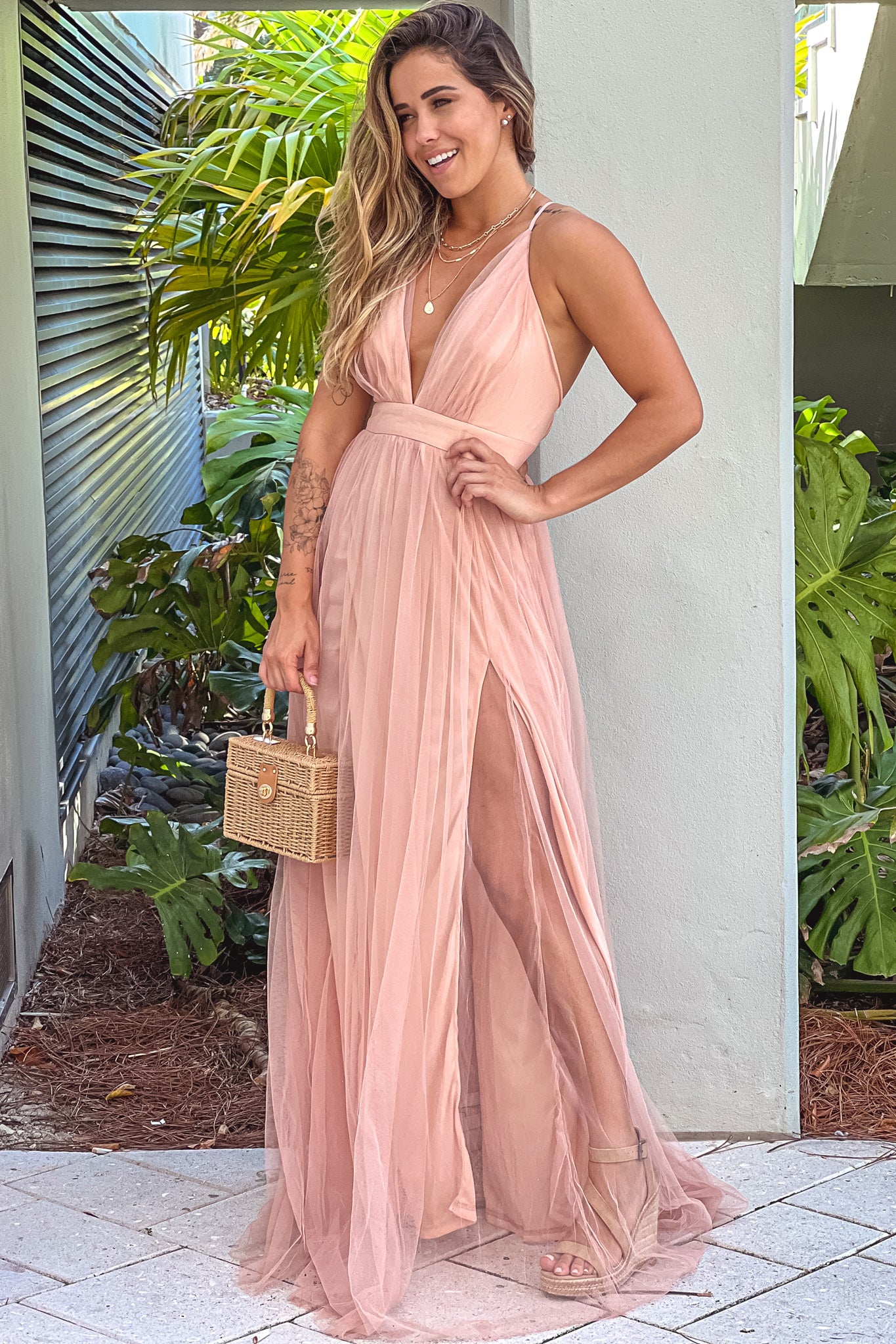 Blush V Neck Tulle Maxi Dress With Criss Cross Back Maxi Dresses Saved By The Dress