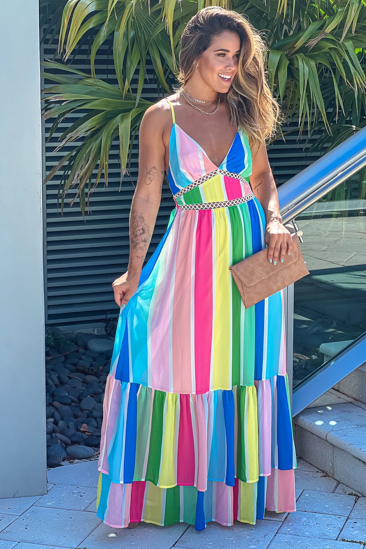 Blush Striped Multi Color Maxi Dress With Criss Cross Back – Saved by ...