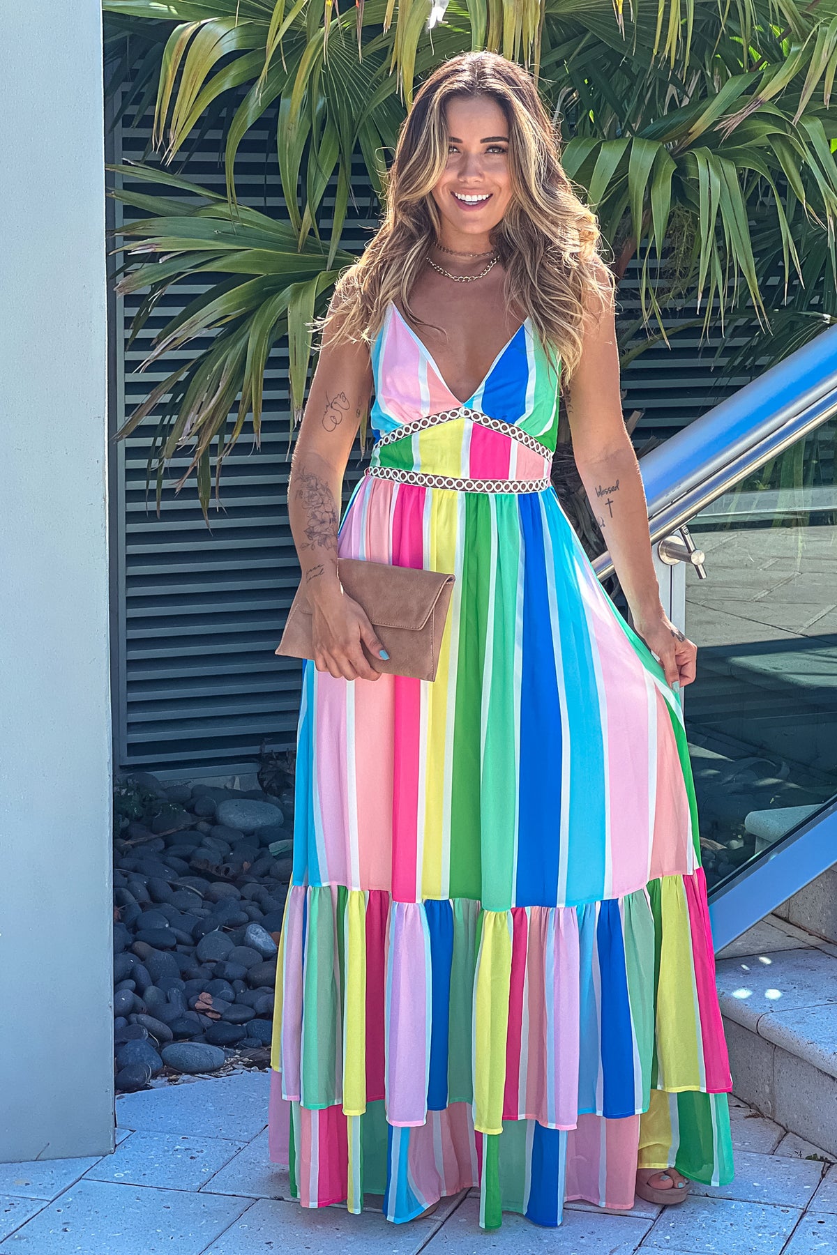 Blush Striped Multi Color Maxi Dress With Criss Cross Back – Saved by ...