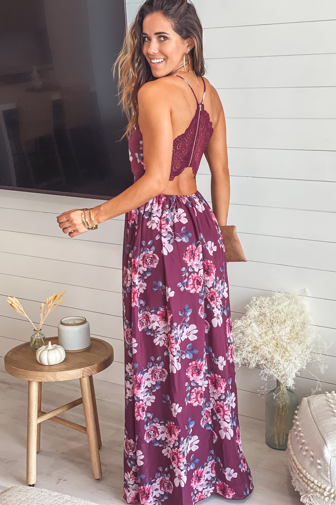 Burgundy Floral Maxi Dress With Lace Back | Maxi Dresses – Saved by the ...