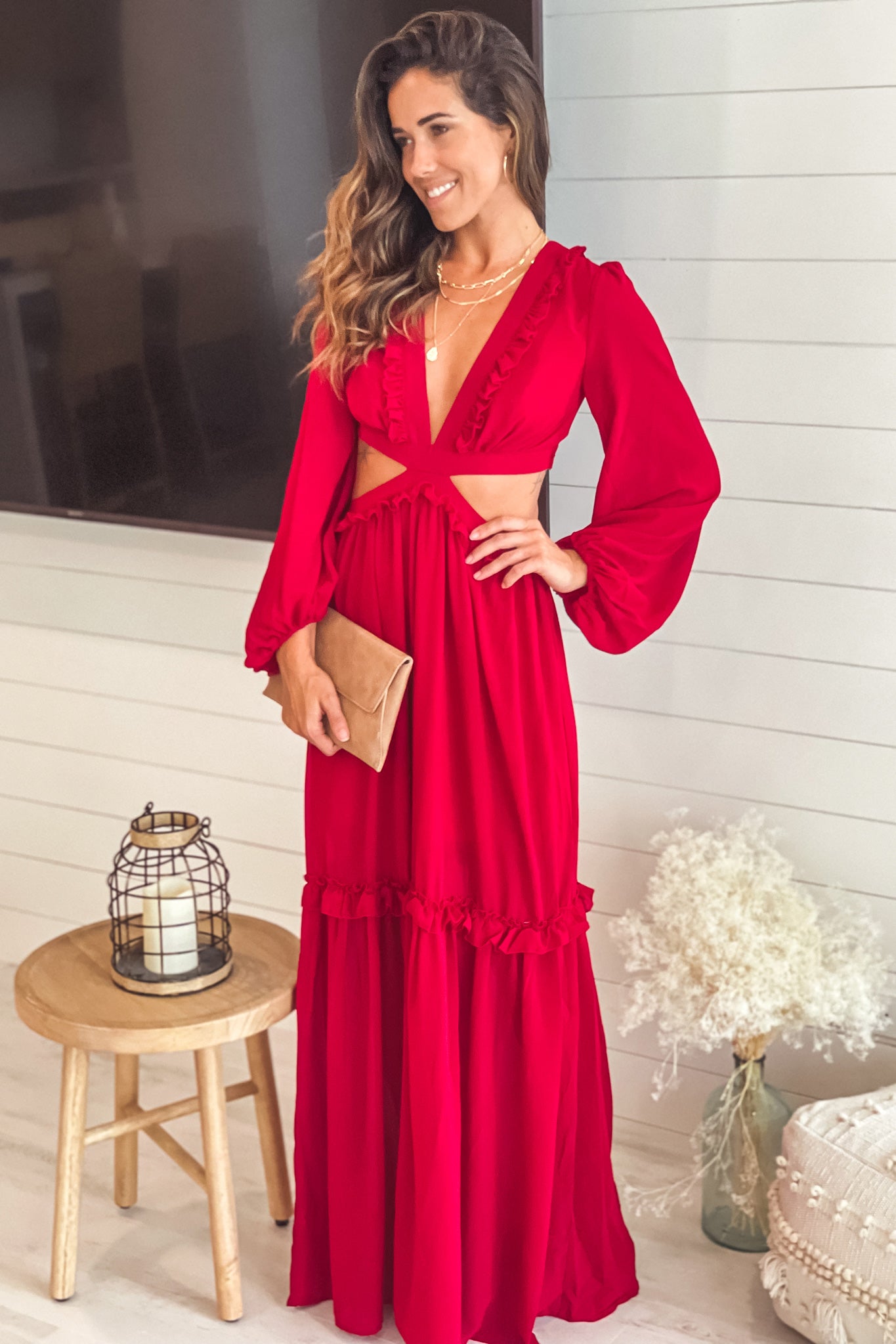 Burgundy Maxi Dress With Cut Out And Long Sleeves | Maxi Dresses ...