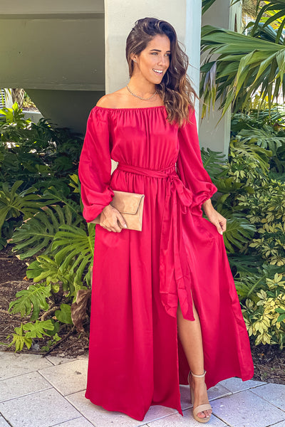 Burgundy Satin Off Shoulder Maxi Dress With Slit | Maxi Dresses – Saved ...