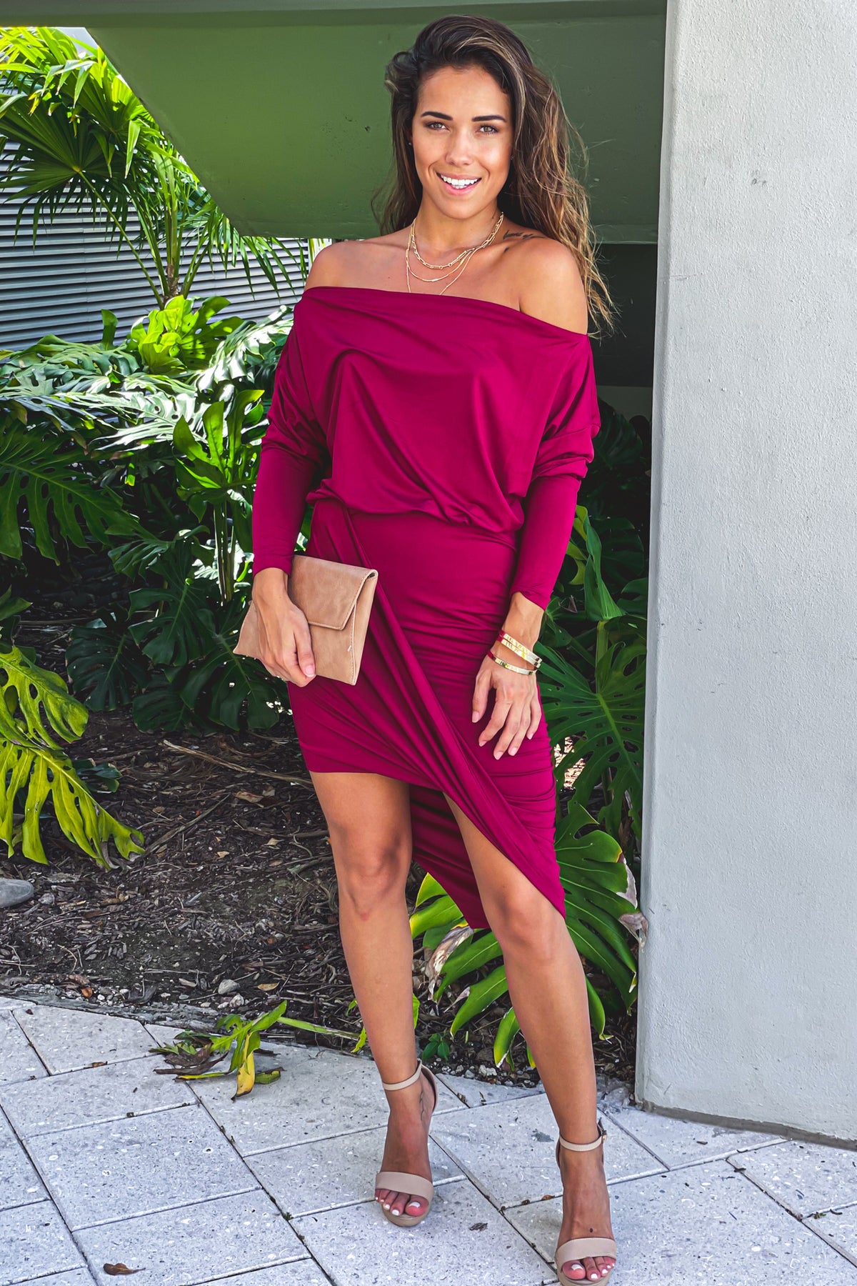 Burgundy One Shoulder Asymmetrical Ruched Dress | Vacation Maxi Dress ...