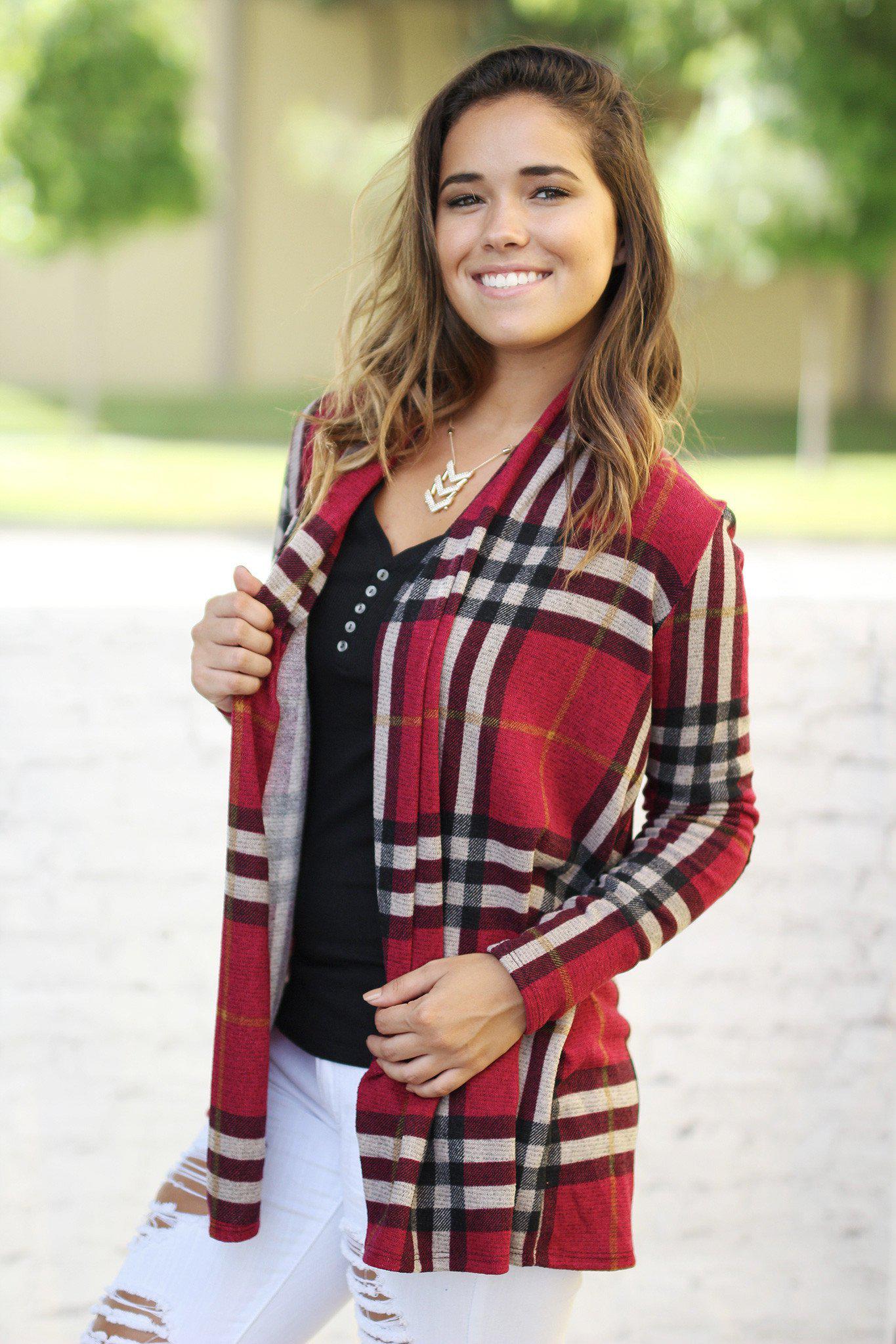 Burgundy Plaid Cardigan With Elbow Patches | Cute Cardi – Saved by the ...