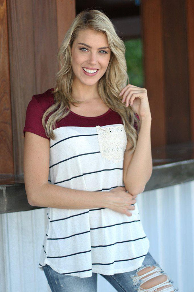 Burgundy Striped Top With Crochet Pocket | Burgundy Top – Saved by the ...