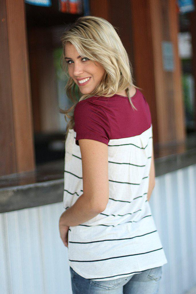 Burgundy Striped Top With Crochet Pocket | Burgundy Top – Saved by the ...
