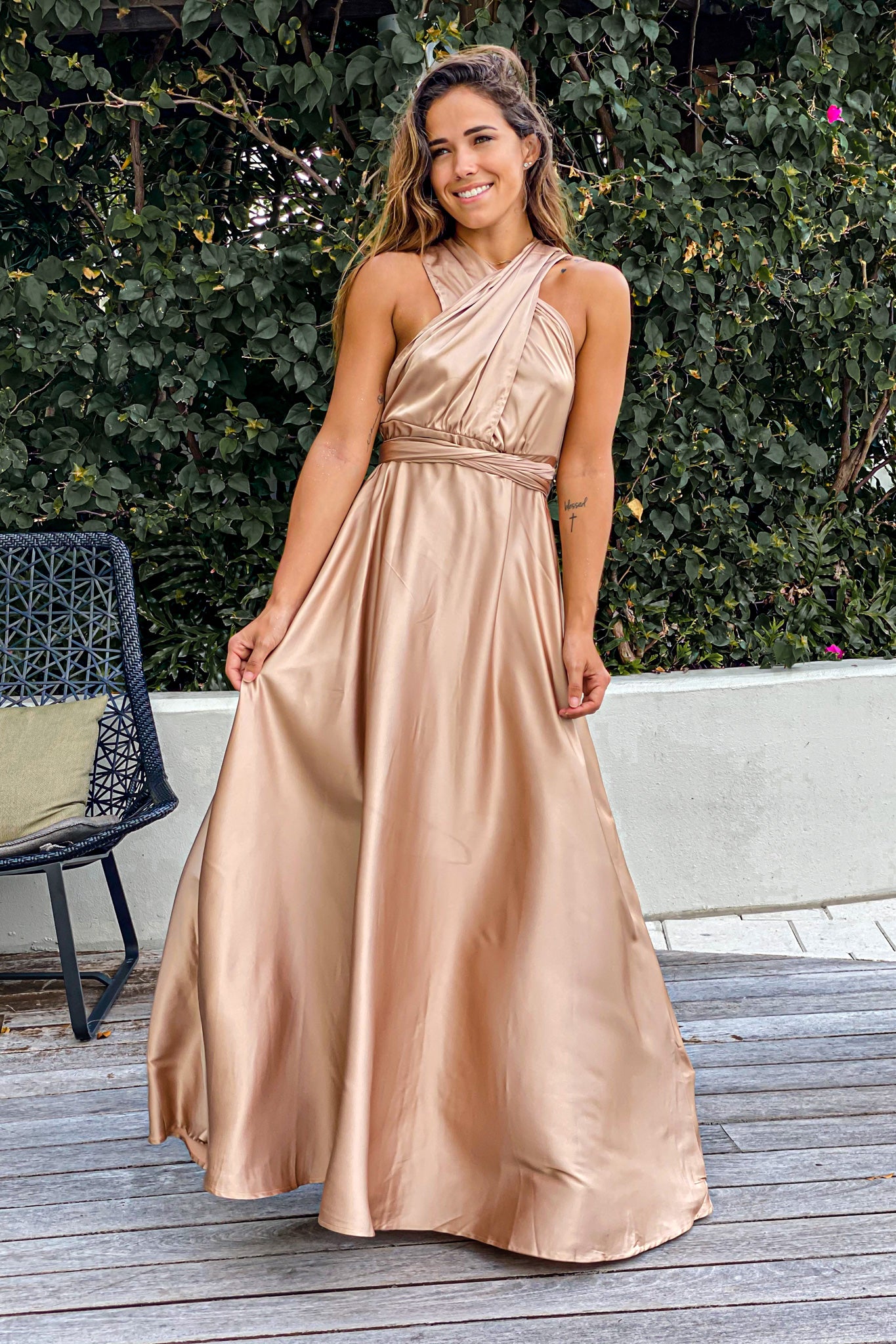 Champagne Satin Multi Tie Maxi Dress Champagne Satin Multi Tie Maxi Dress Saved By The Dress 