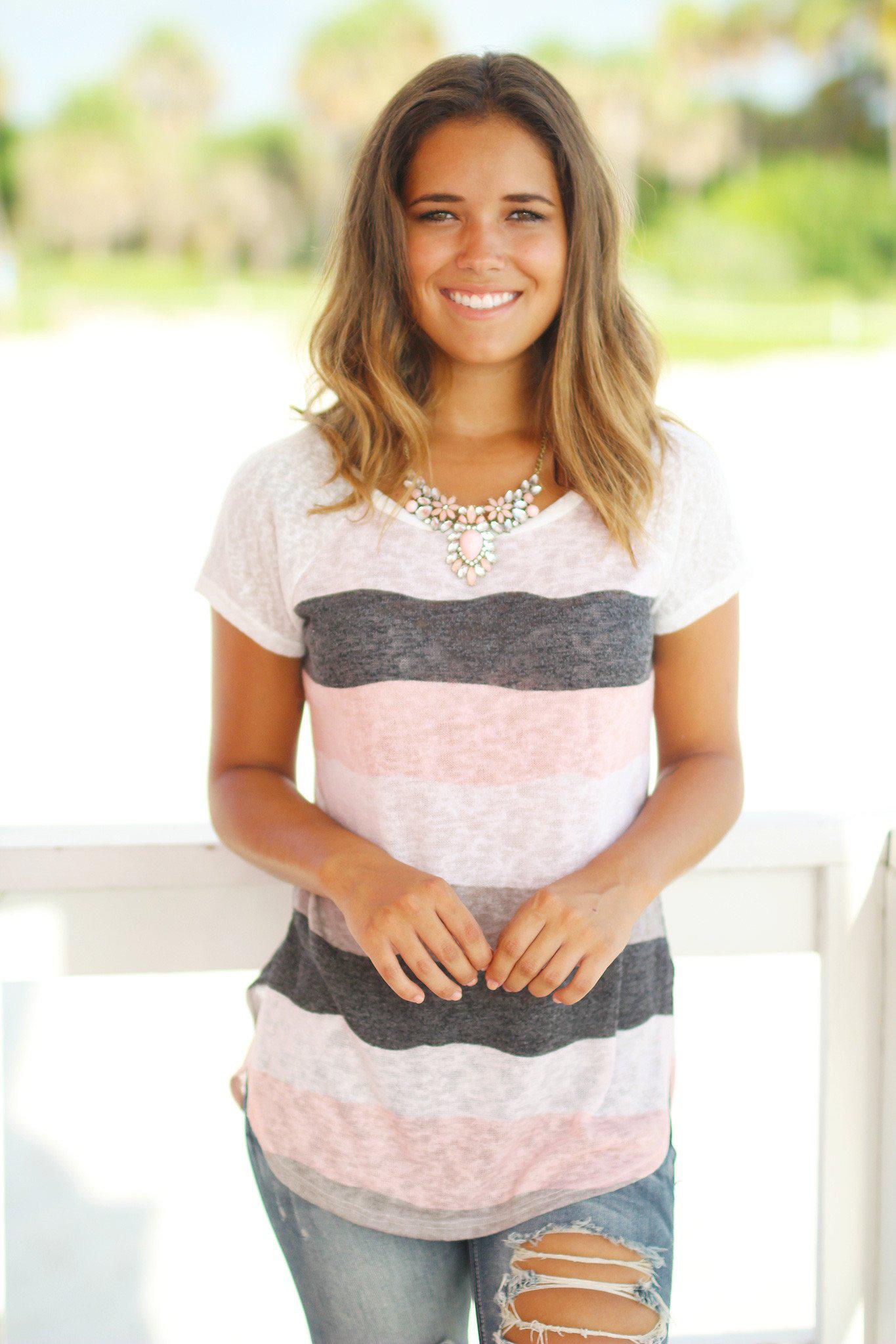 Pink and Gray Wavy Striped Top | Striped Tee | Wavy Striped T-Shirt ...