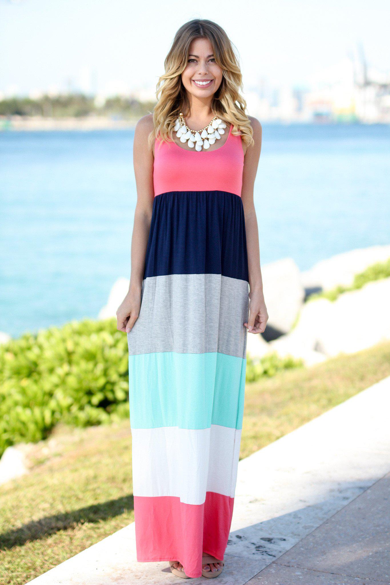 Coral Color Block Maxi Dress | Online Boutiques – Saved by the Dress