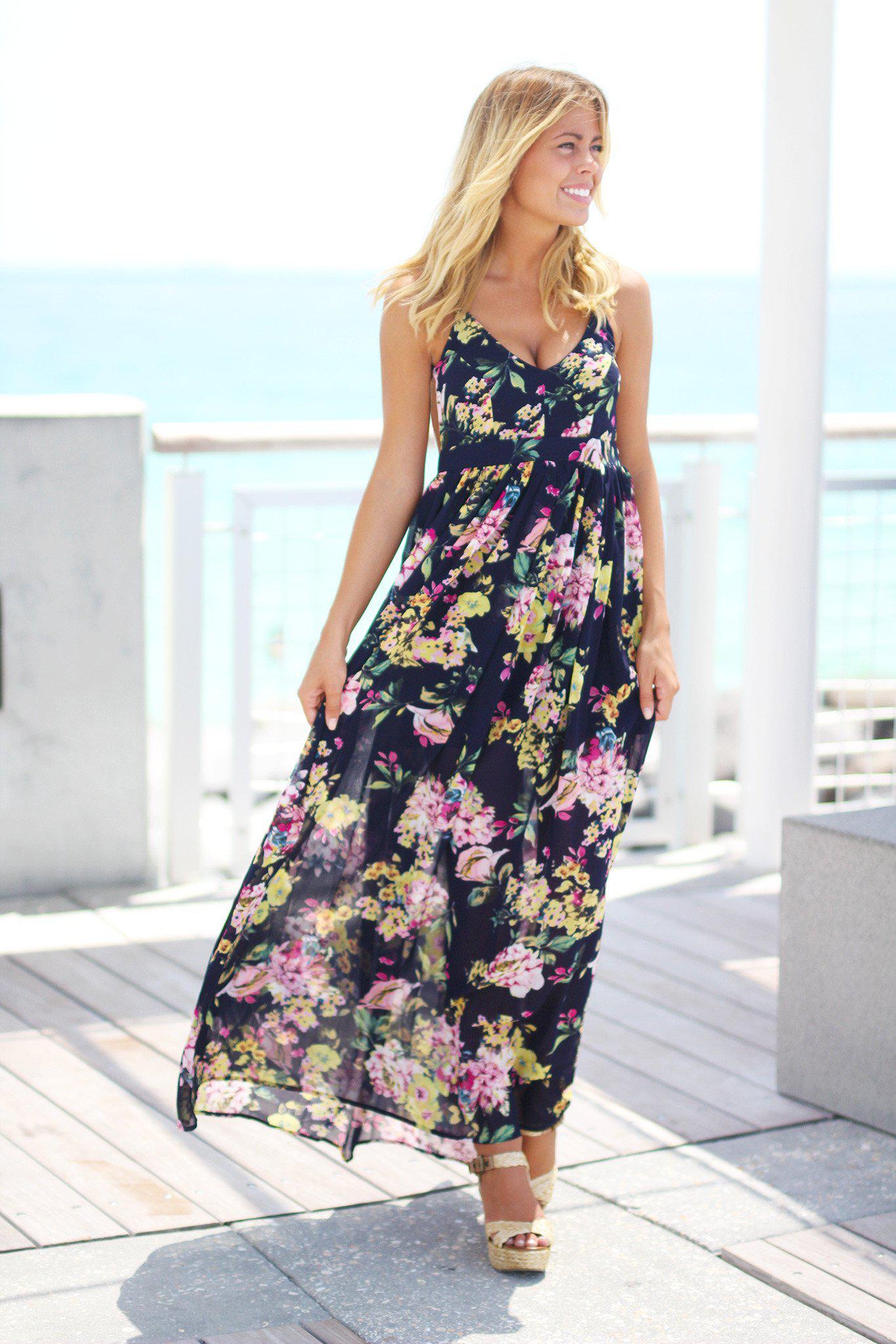 floral navy blue maxi dress