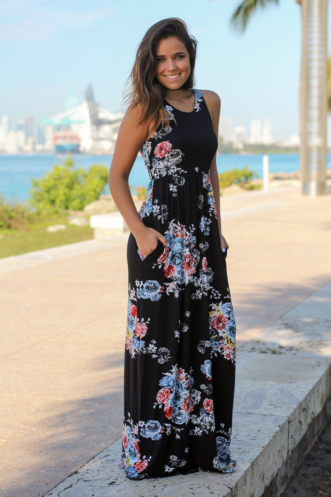 Black Floral Racerback Maxi Dress with Pockets | Maxi Dresses – Saved ...