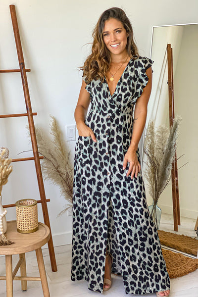 Green Leopard Maxi Dress With Buttons | Maxi Dresses – Saved by the Dress