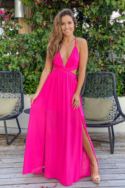Hot Pink Maxi Dress with Cut Outs and Side Slit | Maxi Dresses – Saved ...