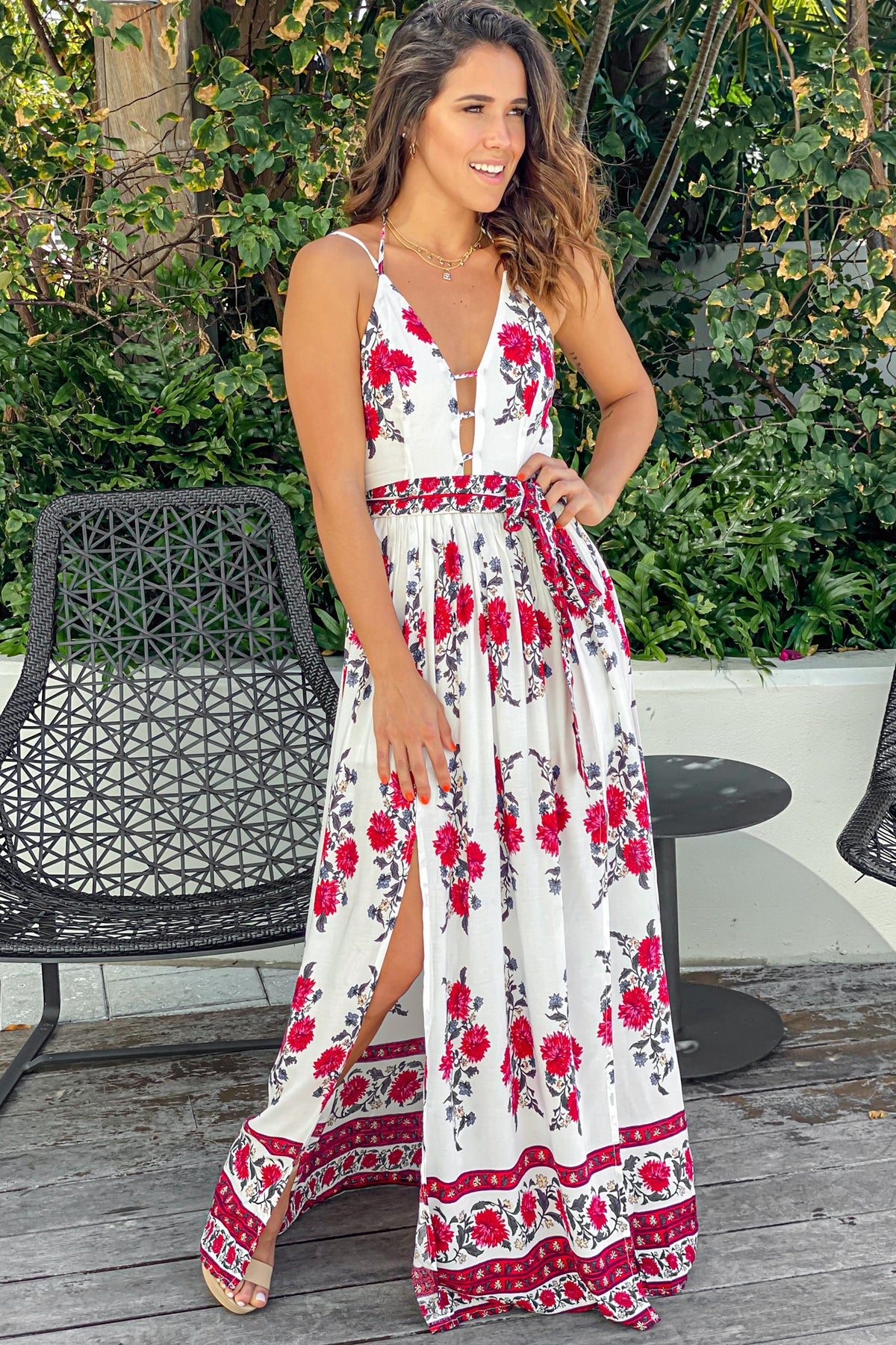 Ivory and Red Floral Maxi Dress With Waist Tie | Maxi Dresses – Saved ...