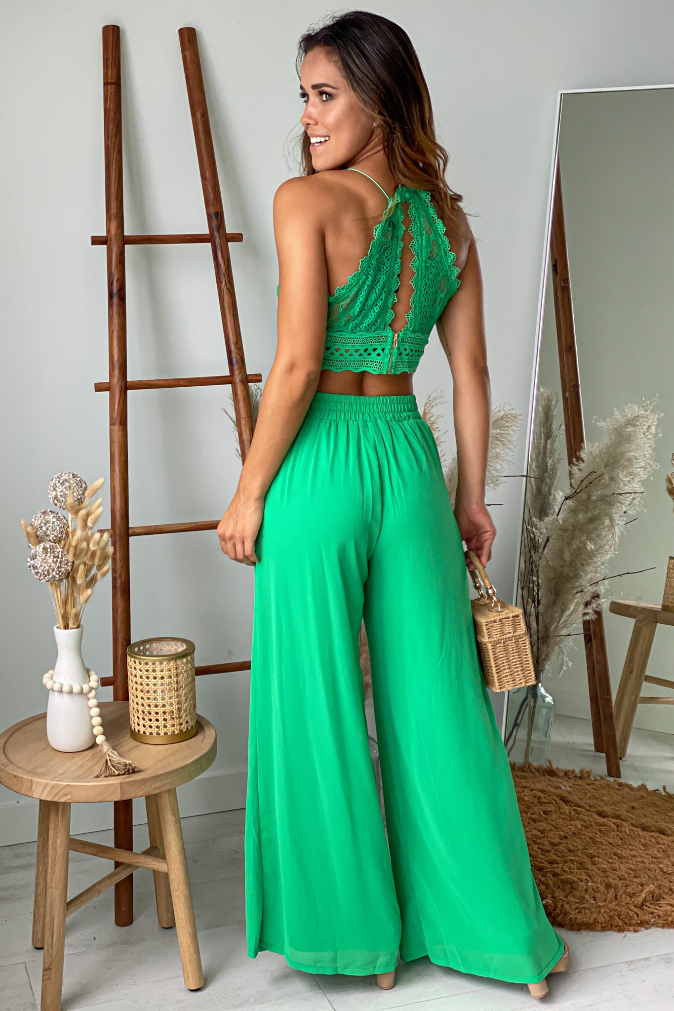 Kelly Green Pants And Lace Top Set | Online Boutiques – Saved by the Dress