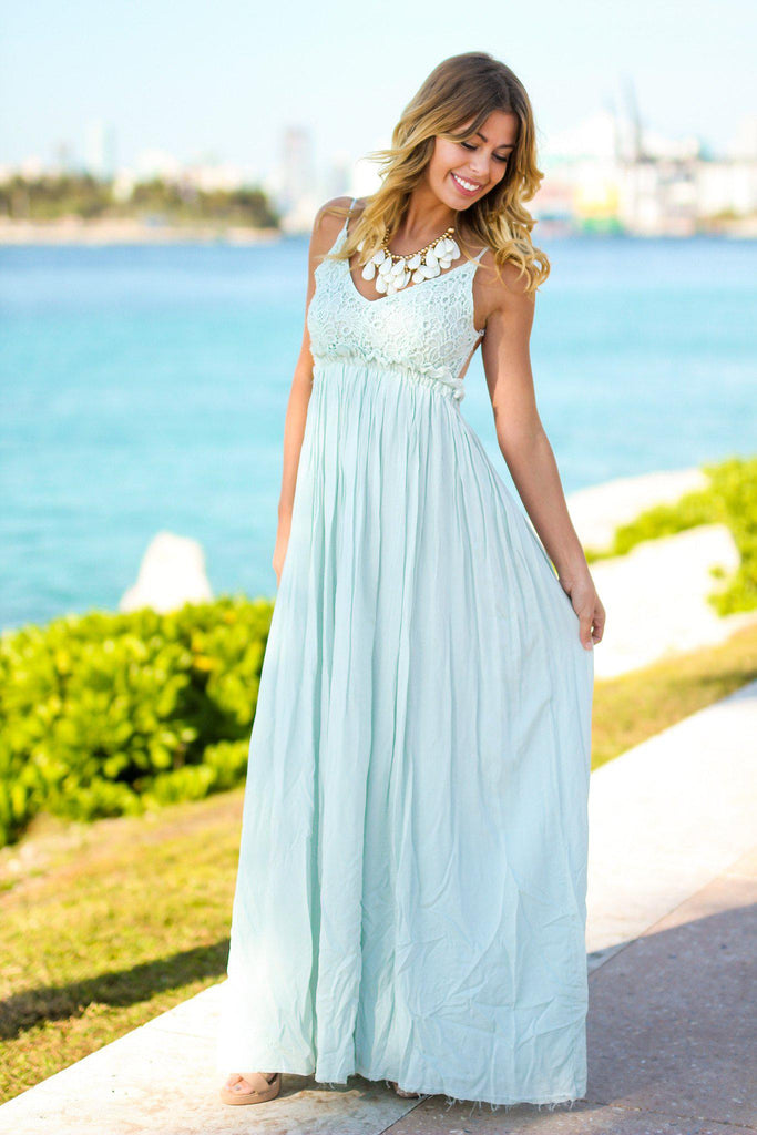 Seafoam Lace Maxi Dress with Open Back and Frayed Hem | Maxi Dresses ...