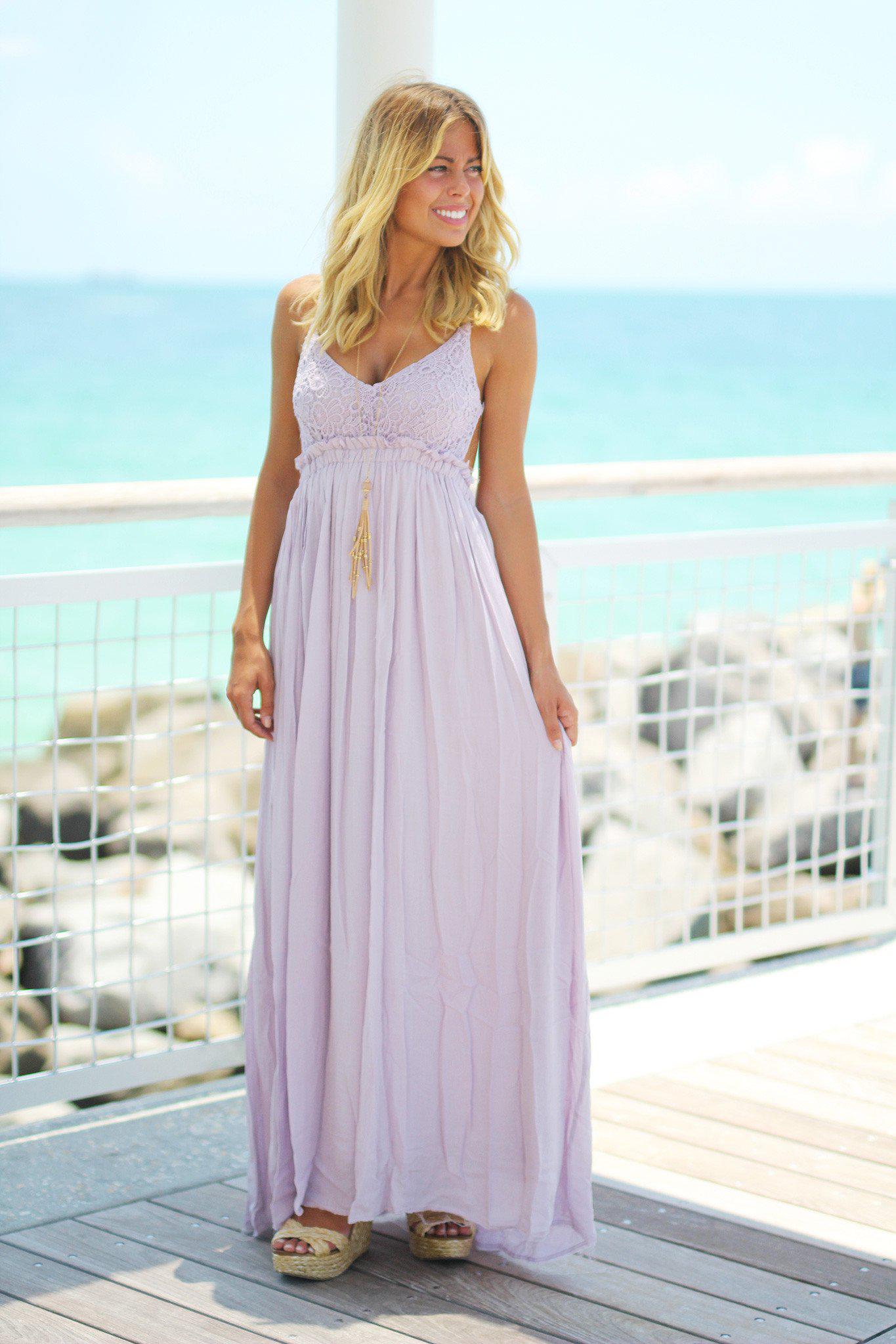 Lavender Lace Maxi Dress With Open Back And Frayed Hem Maxi Dresses Saved By The Dress 7919