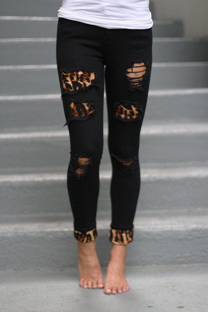 animal print patch distressed jeans
