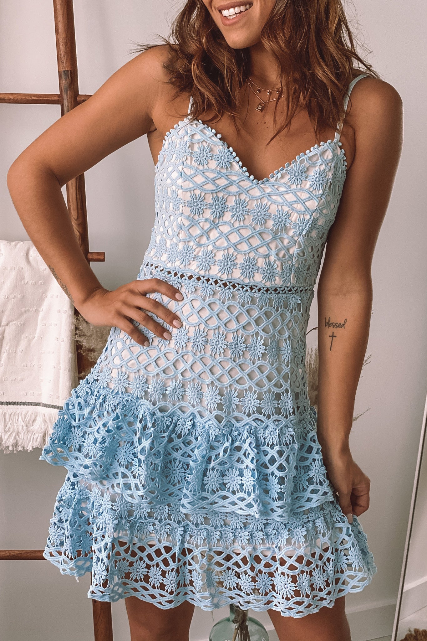 Light Blue Crochet Trim Ruffled Dress | Short Dresses – Saved by the Dress