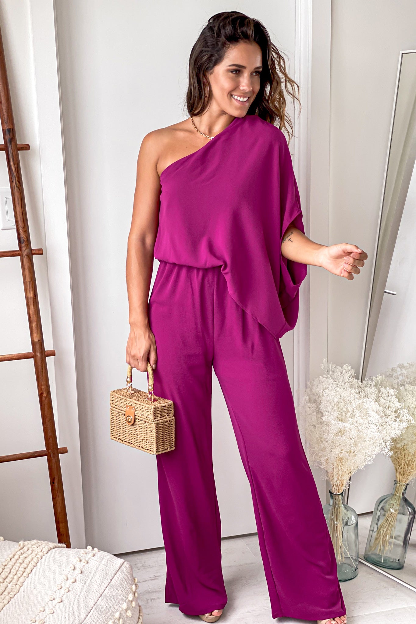 Magenta One Shoulder 3/4 Sleeve Jumpsuit | Jumpsuits#N#– Saved by the Dress
